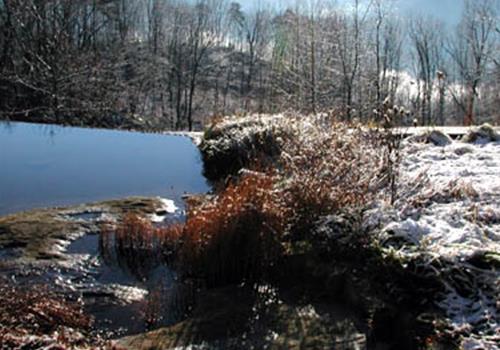 Winter view of the Garden Inn's lower pond